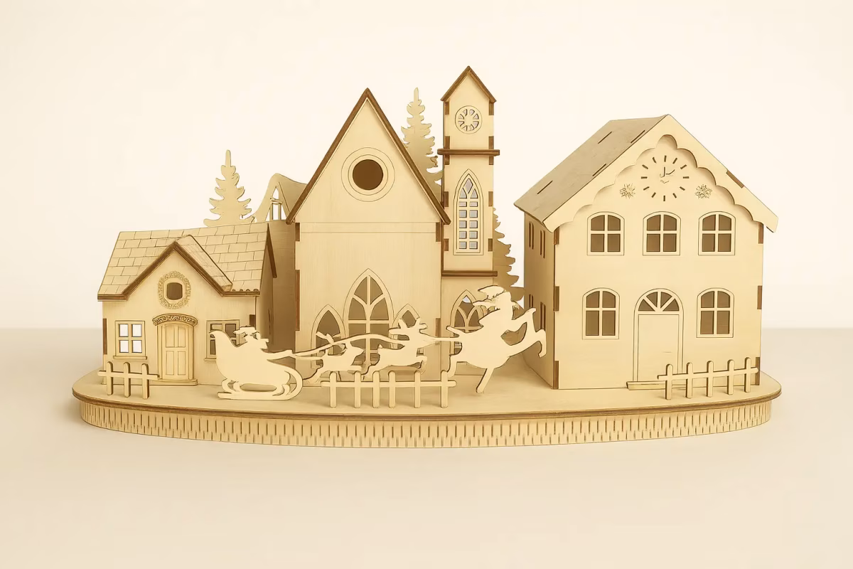 Schlittenfahrt im Weihnachtsdorf – Winterliche Dekoration