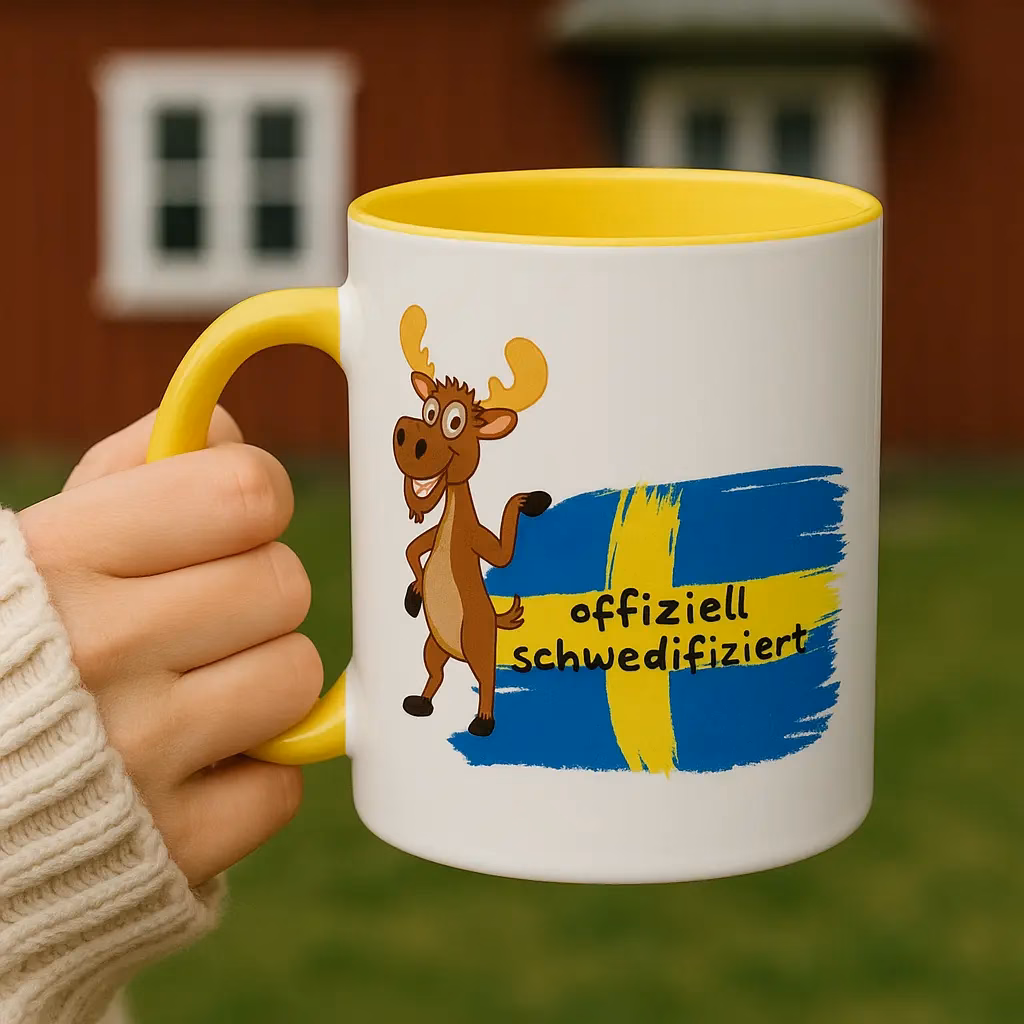 Schweden Tasse – lustiger Elch mit Flagge